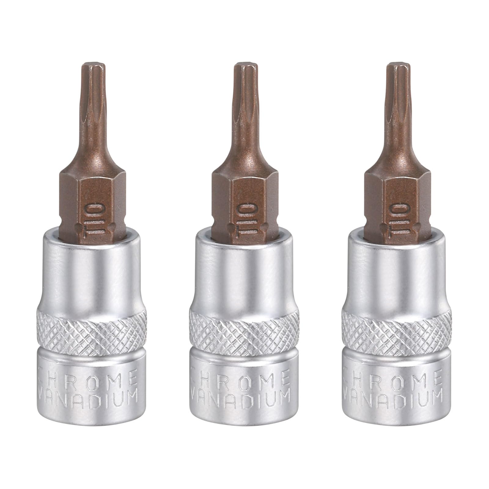sourcing map 3pcs T10 Torx Bit Socket 1/4" Square Drive Metric S2 & CR-V Steel Socket Ratchet Wrench Industrial Grade Bits, Silver Red