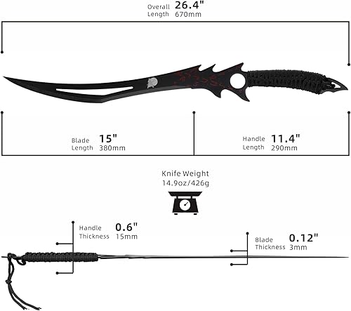 Miniatura 6 de REAT Ninja Sword with Sheath, 26" Fantasy Full Tang Desgin,440 Stainless Steel Blade with Black Coating,Non-silp Cord-Wrapped Handle,Real Swrods for