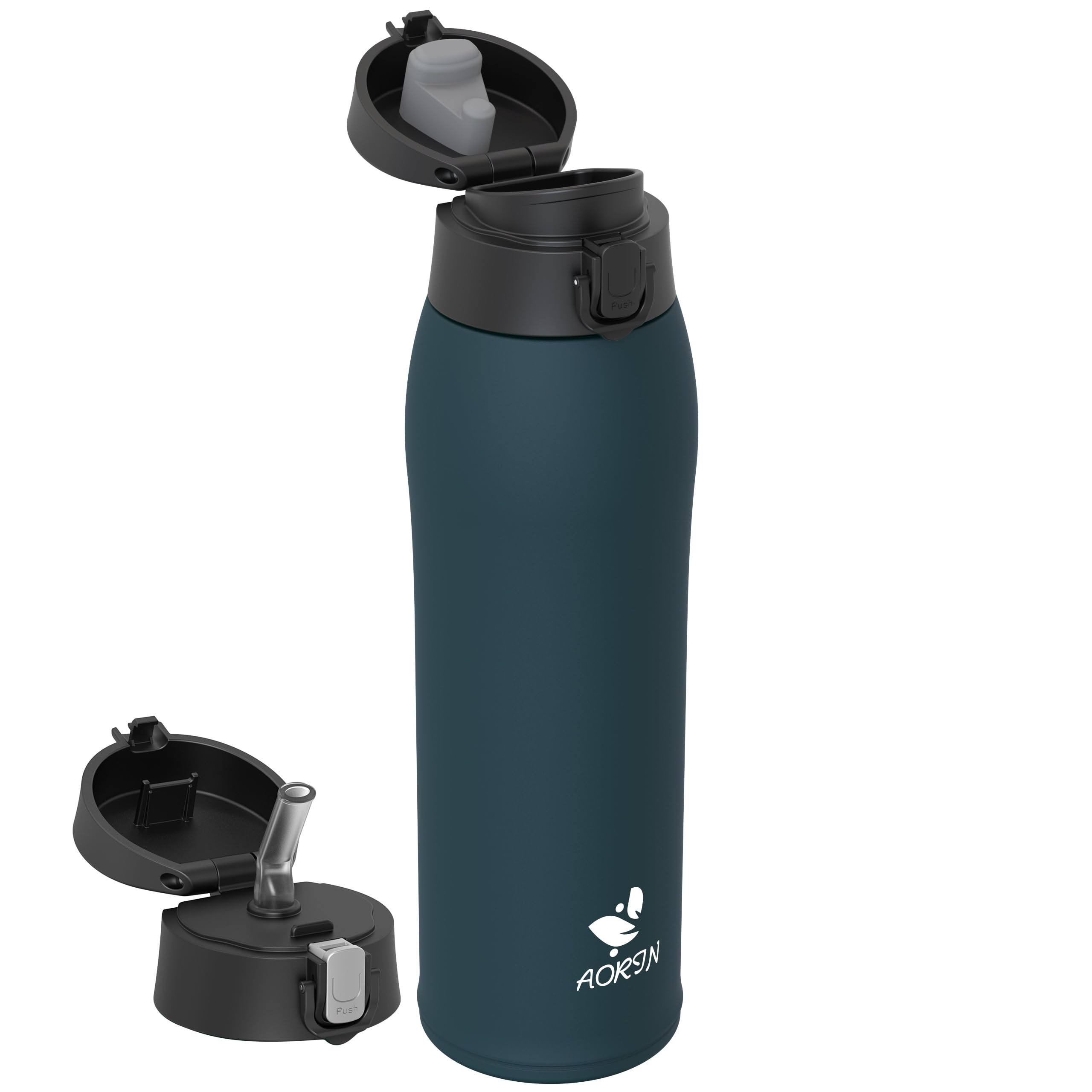 AORIN Drinking Bottle Stainless Steel 18/8, 950 ml, Leak-Proof Thermos Flask, Double-Walled with 2 Lids, BPA-Free Sports Bottle, Drinking Bottles for Sports, School, Outdoor
