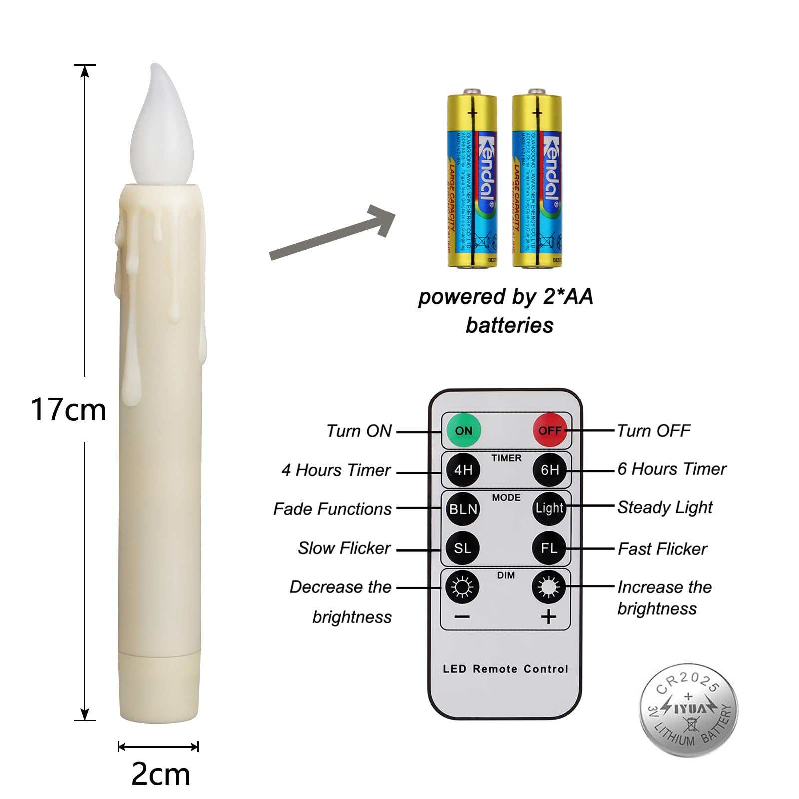 FREEPOWER 8 świec LED z pilotem zdalnego sterowania, timer, migotanie, ciepła biel, możliwość ściemniania, bezpłomieniowe świece stołowe, zasilanie bateryjne, na Halloween, Boże Narodzenie, 2 x 17cm