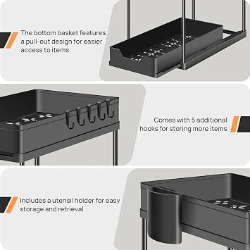 Pull Out Under Sink Storage Organiser, 2 Tier Under Sink Storage Kitchen Storage and Organisation Cupboard Organiser, Sliding Kitchen Storage Under Sink Shelf, for Bathroom, Bottom Slide Out Basket