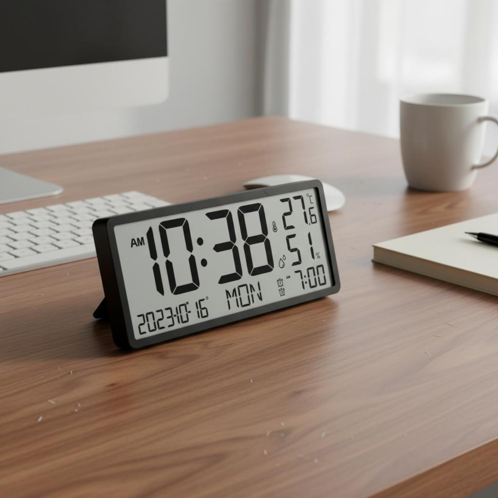 rockible Reloj de Pared Digital LCD Reloj Despertador Calendario Termómetro Higrómetro Pantalla Amplia Diseño Moderno Plástico y Vidrio con Información Diaria Apto para Hogar Estudio Trabajo, Negro