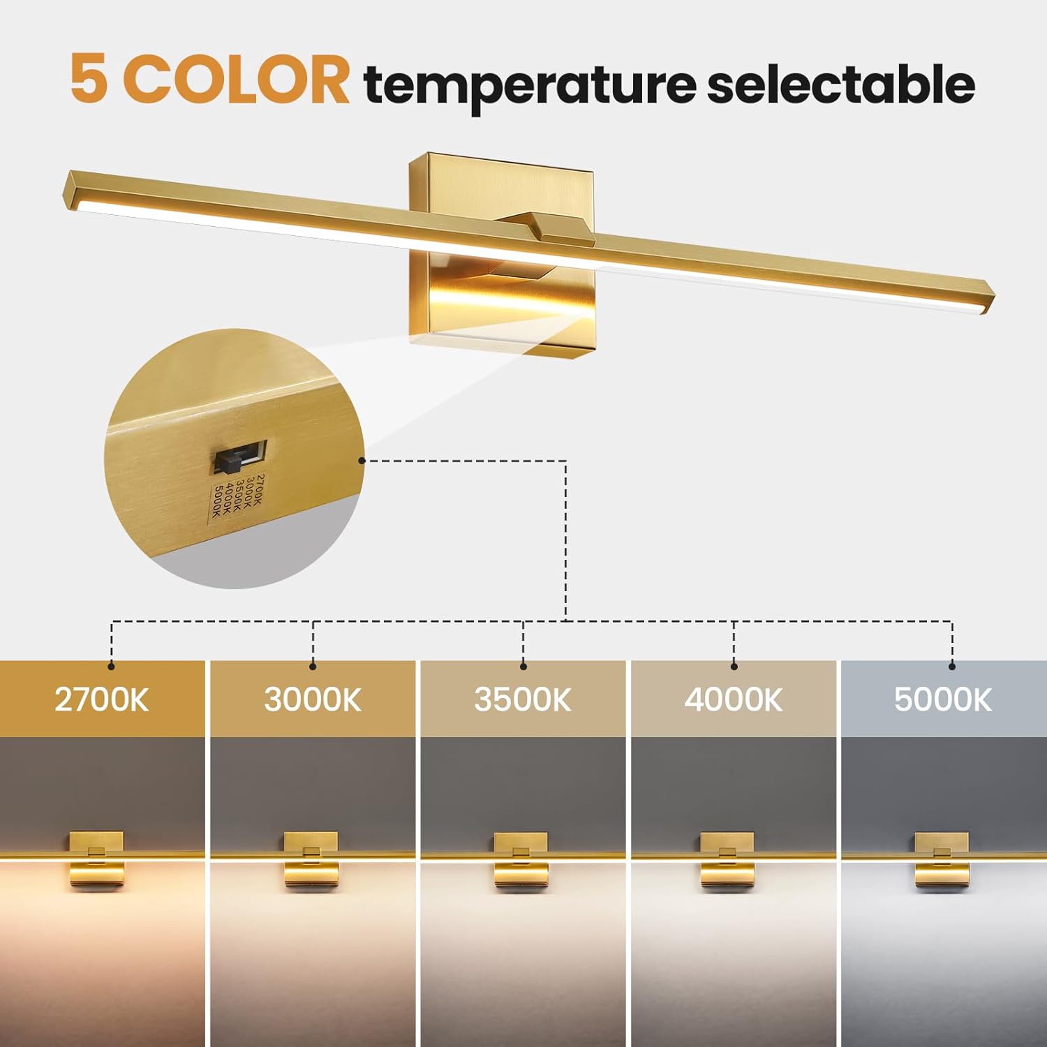 Gold LED Bathroom Vanity Light 24 Inch 18W Dimmable 5CCT Bathroom Lighting Fixtures Over Mirror Modern Brushed Gold Vanity Lights Bar for Bathroom Mirror Cabinets Bedroom