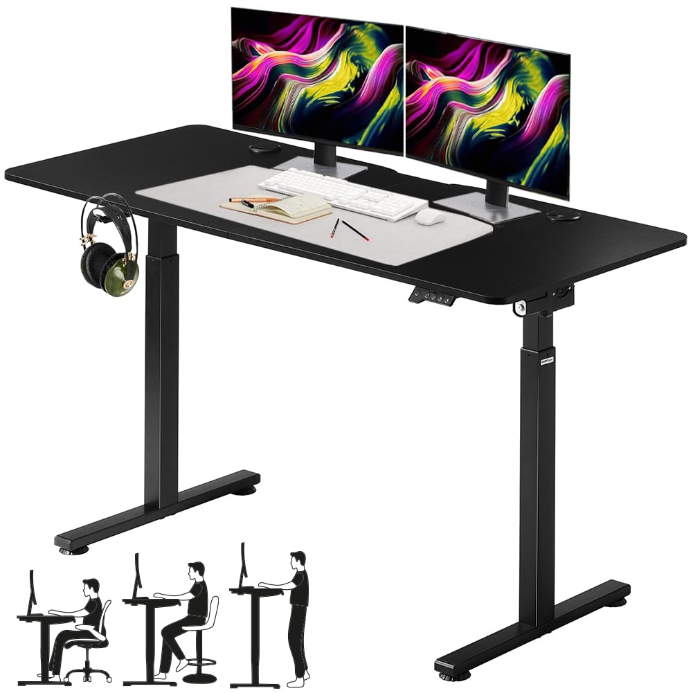 Shally Dogan Scrivania Motorizzata Elettrica Alzabile, Tavolo Regolabile in Altezza Ergonomico, Standing Desk, Gancio Cuffie, Ideale Ufficio e Casa Uso In Piedi o Seduto (Nero, 140 x 60 x 72-117 cm)