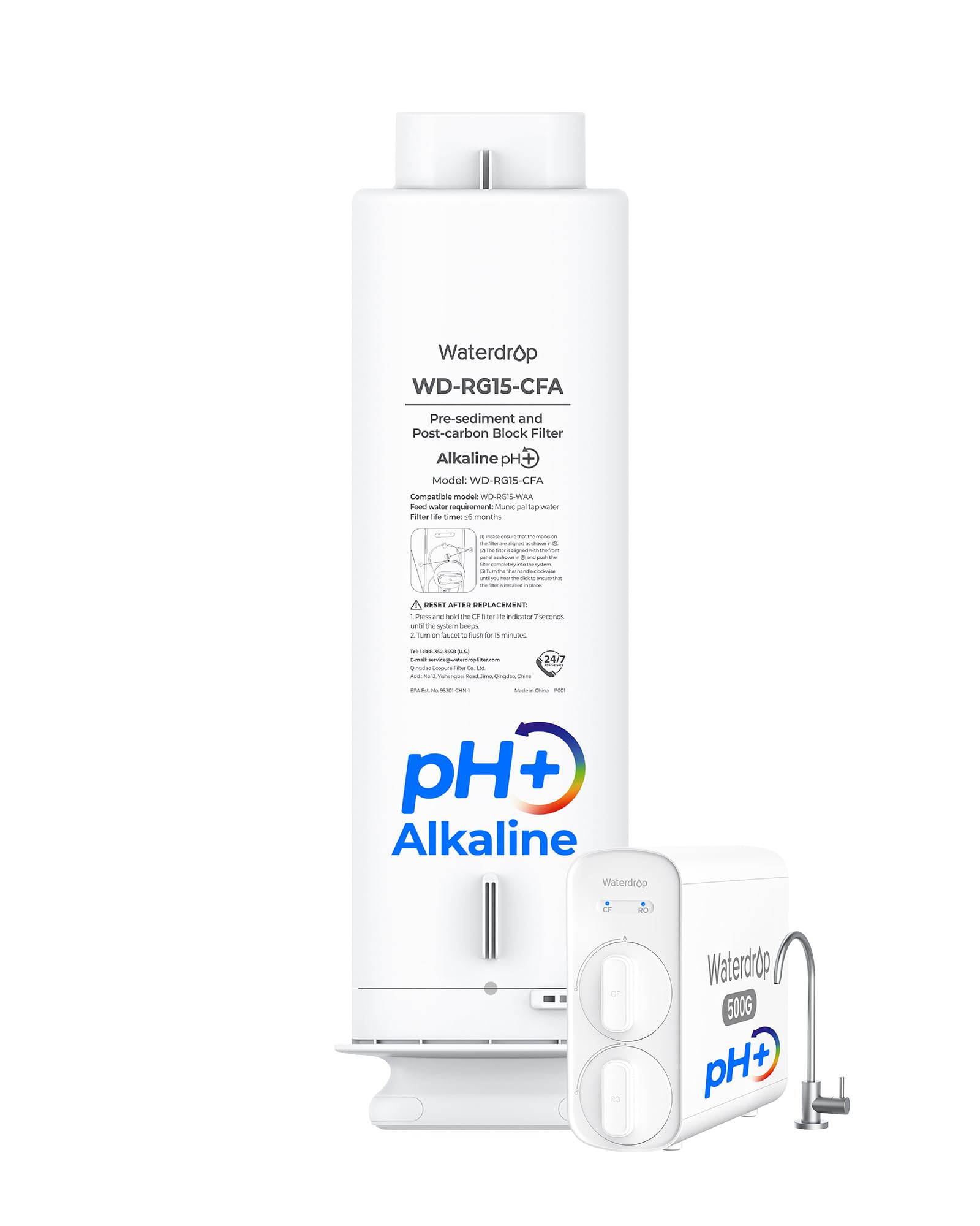 Waterdrop G5P500A-CF Filter, Replacement for Waterdrop G5P500A Undersink Reverse Osmosis System, 6-month Lifetime