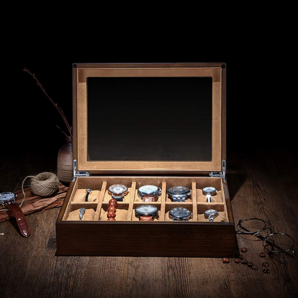 MUSUMI Caja de reloj de Madera con 10 ranuras Caja de almacenamiento de exhibición de joyería con tapa de vidrio y caja de Regalo de almohada de almacenamiento extraíble para Hombres y Mujeres
