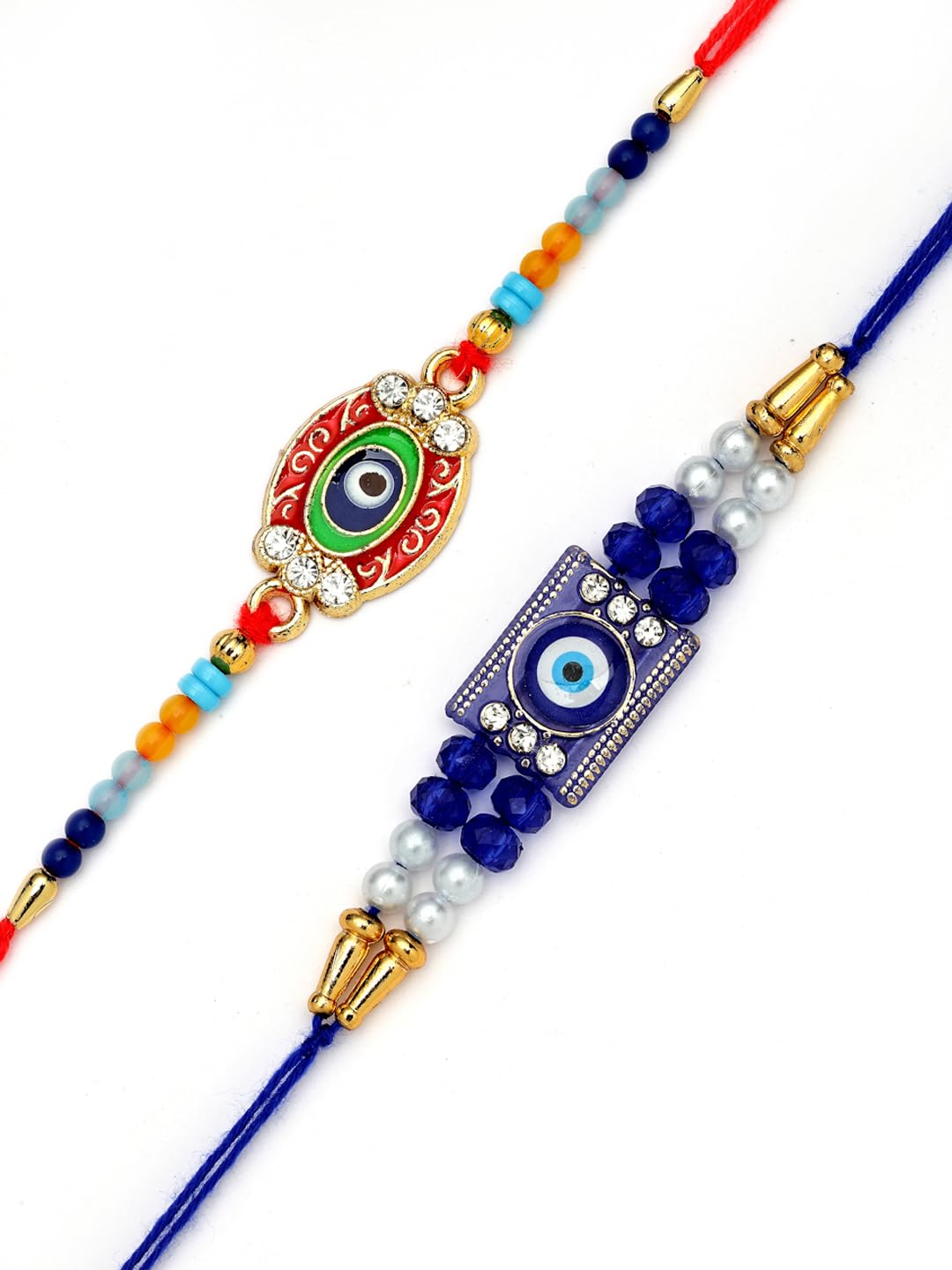 Set of 2 CZ Stone & Beads Evil Eye Thread Rakhi for Raksha Bandhan with Pooja Thali and Roli Chawal Bag Gift Set