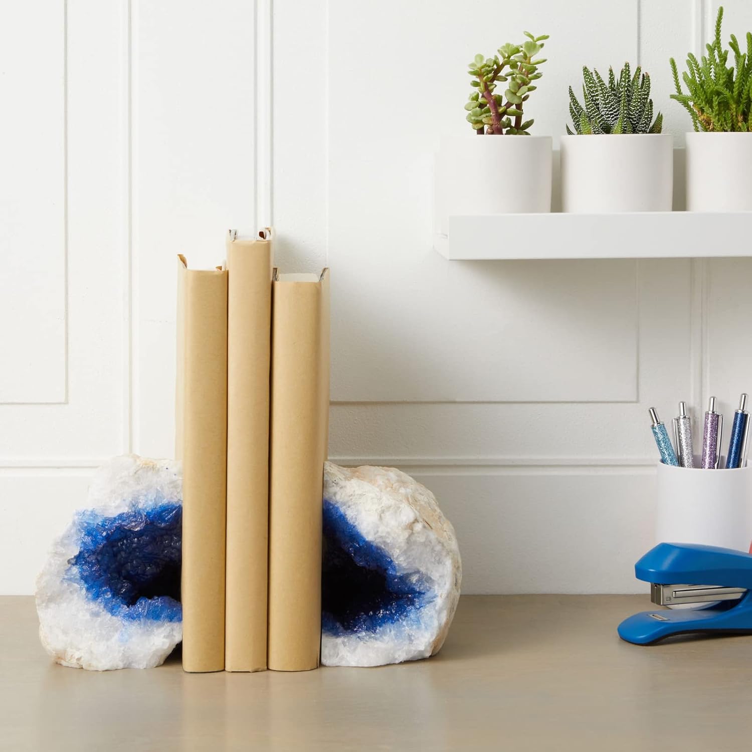 Okuna Outpost Blue Geode Bookends for Heavy Books, Weighs 2.5 to 3 Lbs (5.9 x 3.9 in) : Home & Kitchen