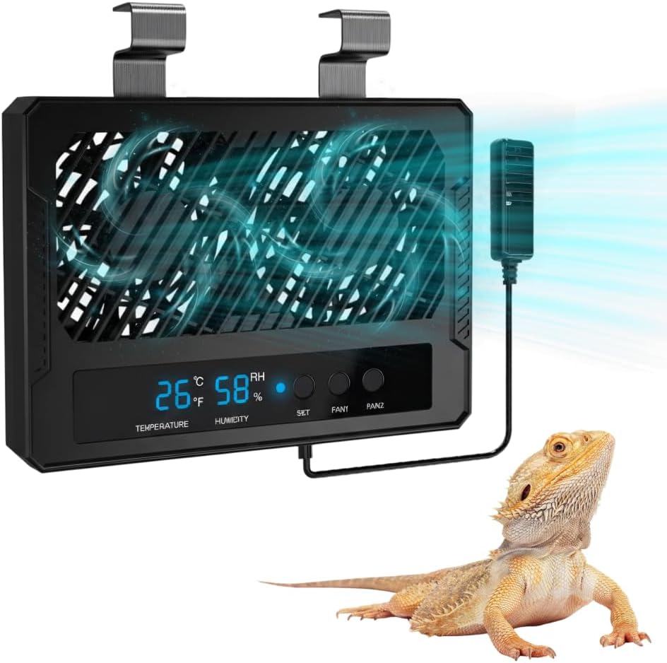 MiOYOOW Reptile Double Ventilation Fan, Intelligent Fan Dehumidifier with Humidity Sensor & Digital Display for Reptile Gecko Humid, Rainforest, Ecological Tanks