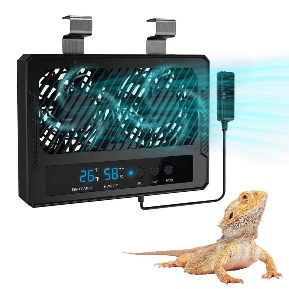 Reptile Double Ventilation Fan,Reptiles Vivarium Cooling with Humidity Sensor & LED Display for Rainforest Ecological Tank, Gecko, Bearded Dragon Enclosure