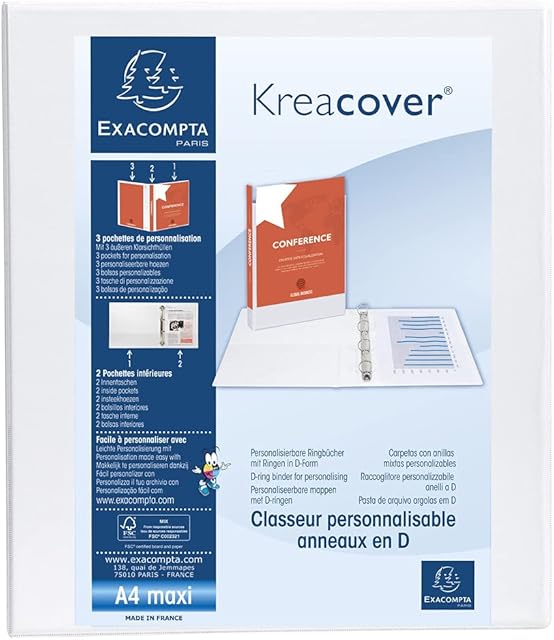 Exacompta - ref. 51842E - 1 customizable rigid opaque binder with 3 pockets - 4 D-rings of 30 mm - Spine 47 mm - External dimensions: 32 x 27.7 cm - Format to be filed A4 Maxi - Colour: white