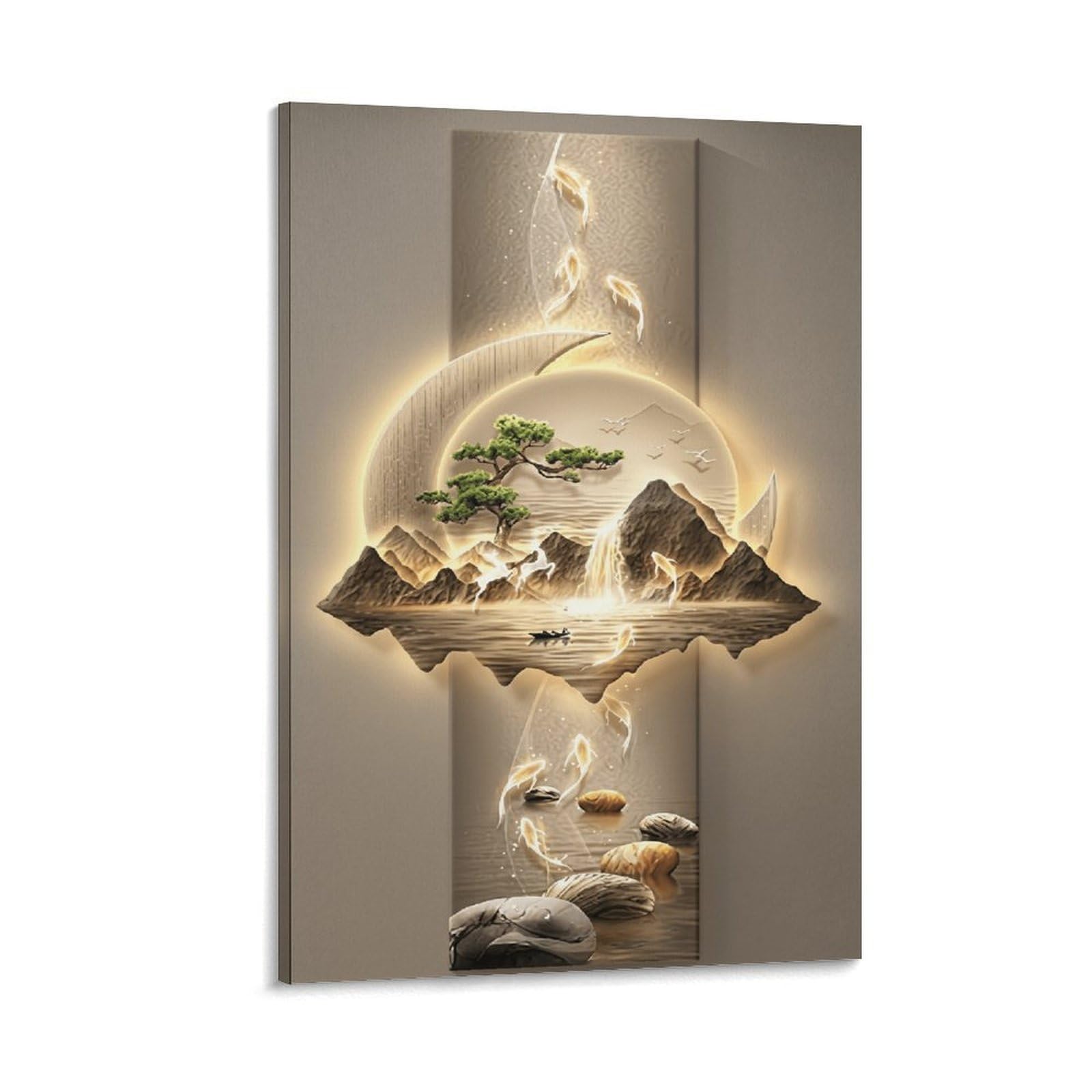 XPASHIQWC Gilded Landscape Pine Tree Nine Fish Wall Decor Poster Giclee Canvas Prints Modern Canvas Wall Art Picture Wall Hanging for Office Gym Living Room Decor 20x30inch(50x75cm)