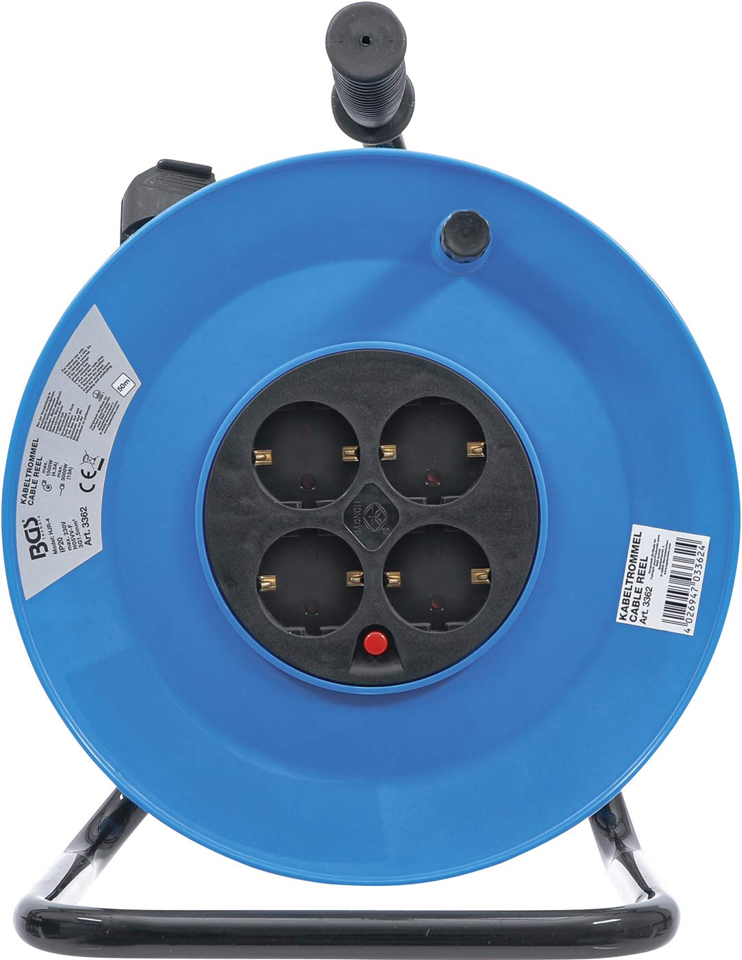Enrollador de cable | 50 m | 3x1,5 mm² | 4 tomas | IP 20 | 3000 W