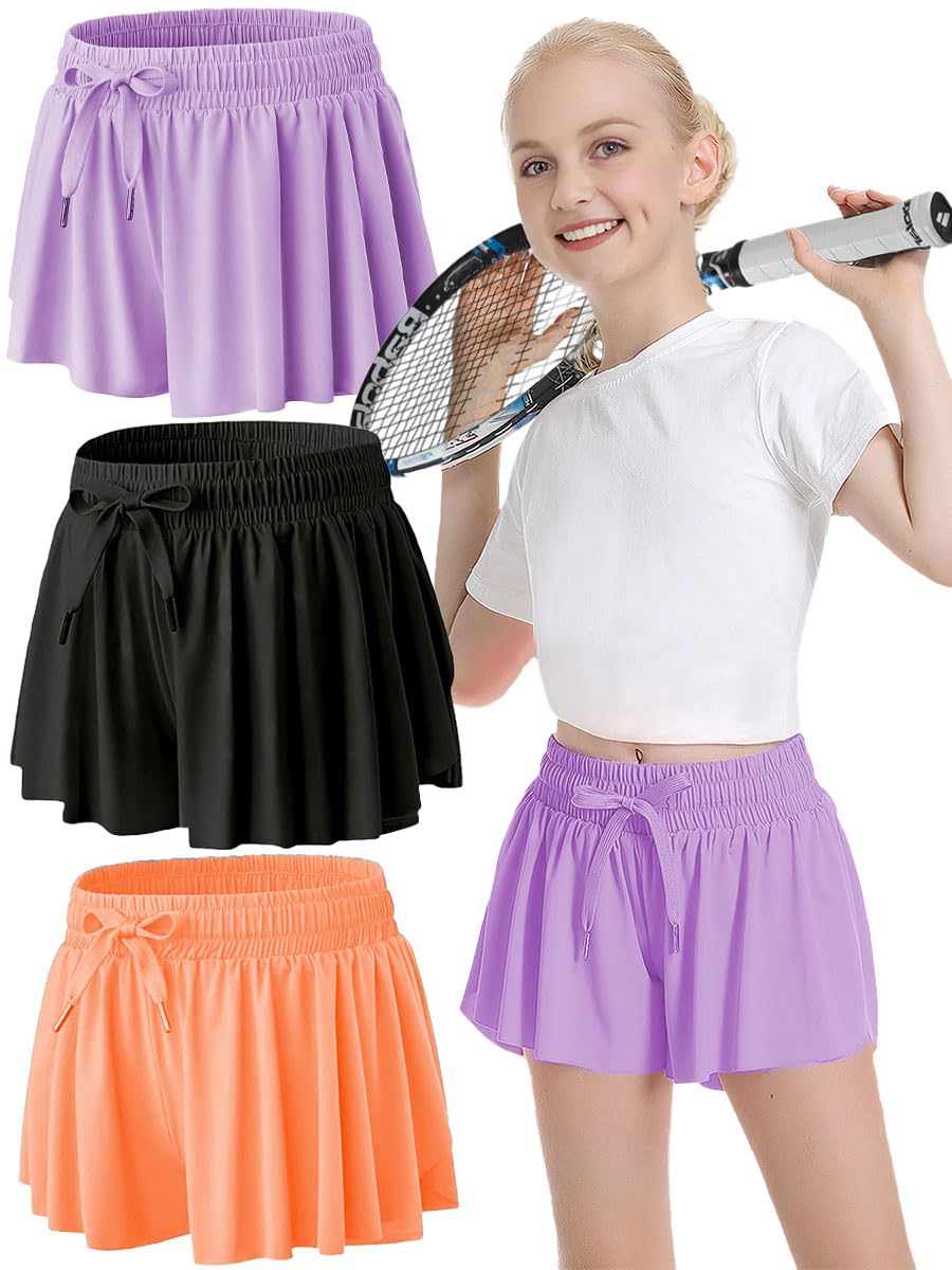 MODERN ASIR 3 Pack Girls Flowy Shorts with Spandex Liner 2-in-1 Youth Butterfly Skirts for Fitness, Running, Sports(PRPUL11-12years)