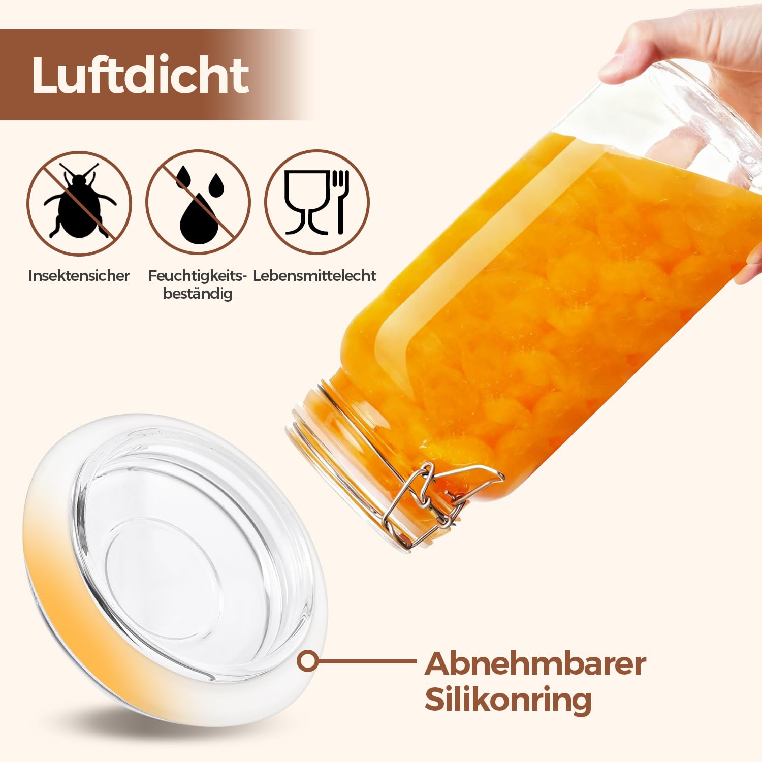 ComSaf 2,3L Luftdichtes Vorratsglas Eckig mit Drahtbügelverschluss 3er-Set, Vorratsgläser mit Deckel, Einmachgläser mit Bügelverschluss, Bügelverschluss für Lebensmittel Konservierung, Drahtbügelglas
