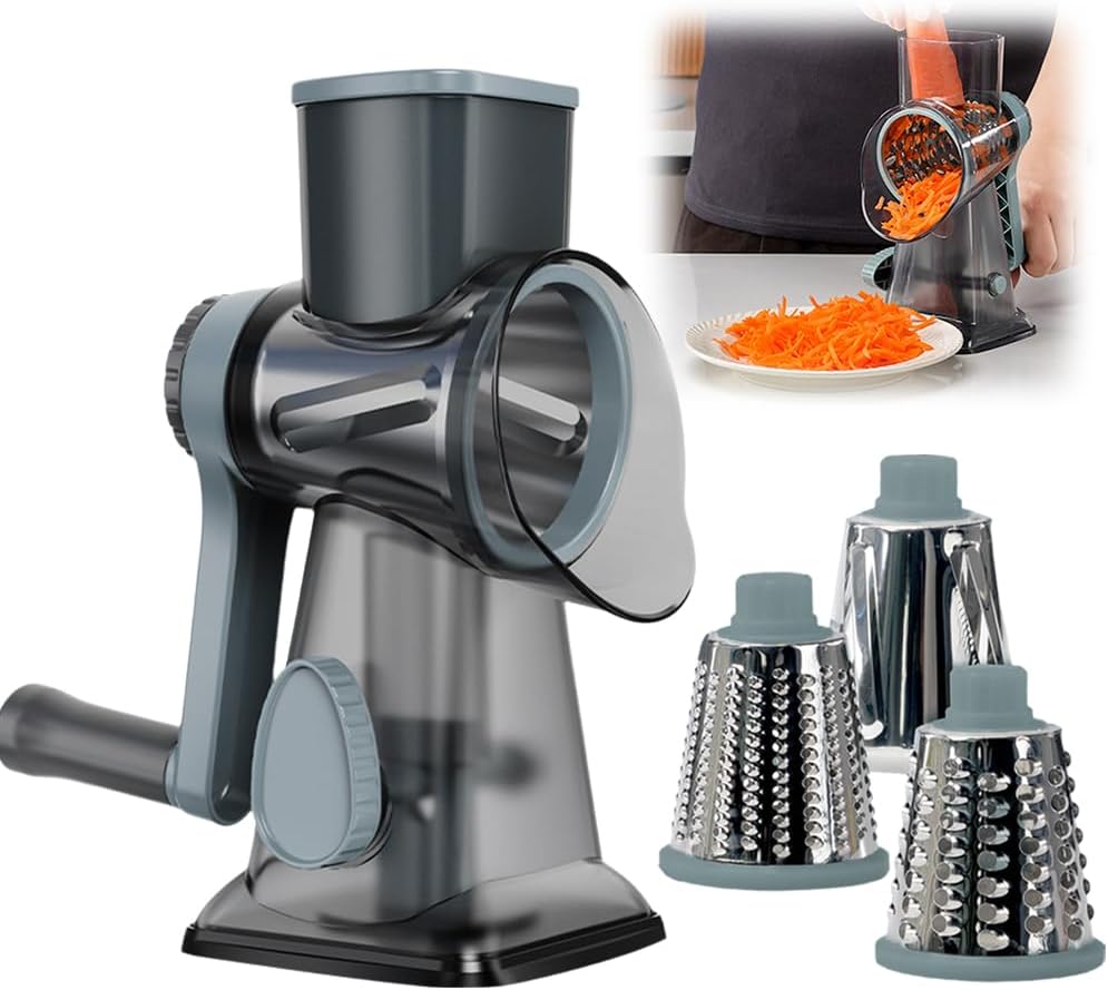 Vegetable Cutter Cheese Grater, 2026 Upgraded Cheese Grater Hand Crank, Rotary Cheese Grater, with Strong Suction Base, 3 Replaceable Stainless Drum Blades, for Cheese Nuts Potatoes Salads (Blue)
