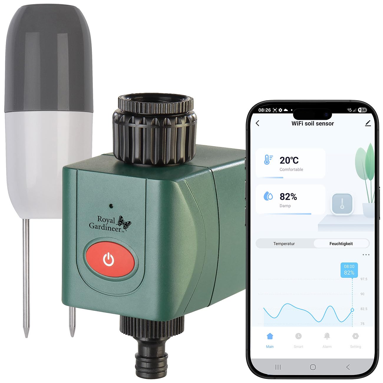 Royal Gardineer Gartenboden Bewässerung: WLAN-Bewässerungscomputer mit Bodenfeuchtigkeits-/Temperatur-Sensor (Rasen-Bewässerungscomputer, Set)