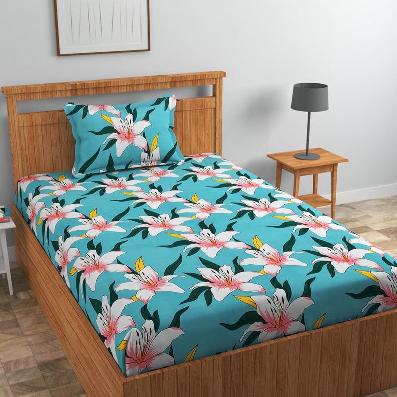 Image of Cotton 210 tc Flat Single | Diwan | Single Mattress Coat Bed Bedsheets for Summer Winter Breathable | Wrinkle Free (Size-60 X 90 Inch) with 1 Pillow Cover 60 x 90 Inches, Floral, Green
