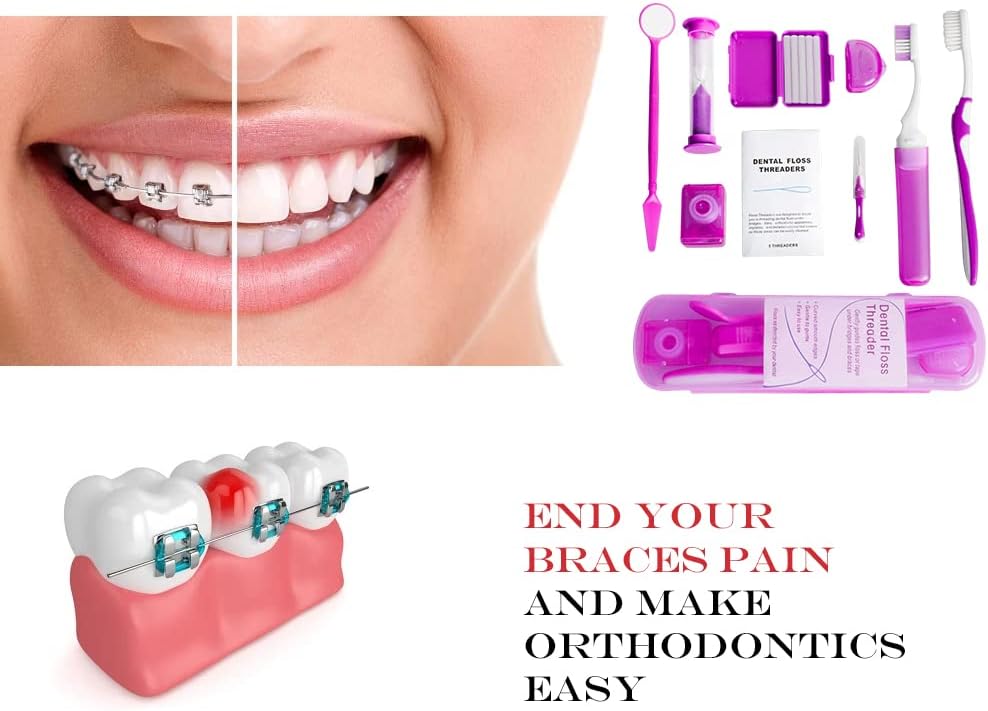 Wenge Portable Orthodontic Oral Care Kit - 2Pack - Travel Kit for Patients, Interdental Brushing Wax Floss Toothbrush Cleaning (Pink_Blue)