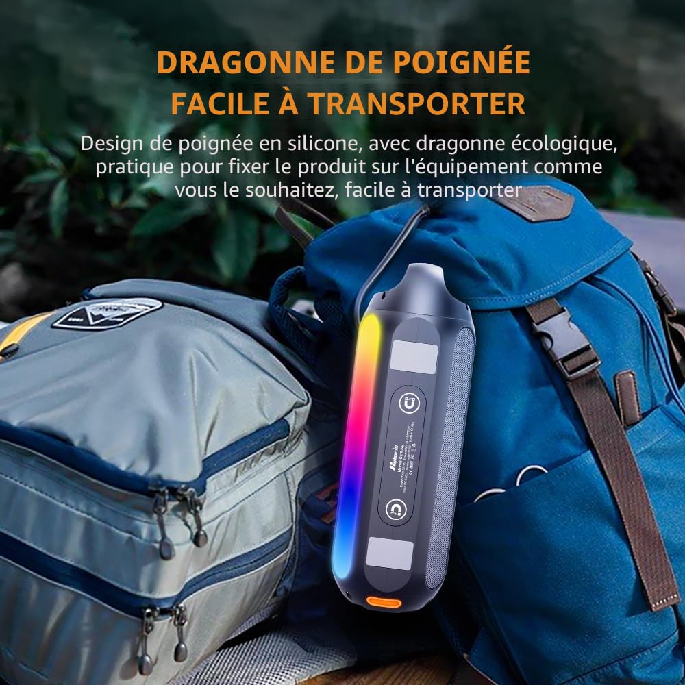 CYBORIS Enceinte solaire Bluetooth - 30 W - Portable - Sans fil - Étanche IPX6 - Avec lumières LED RVB - Autonomie de 30 heures - Basses profondes pour voyage, golf, plage, fête