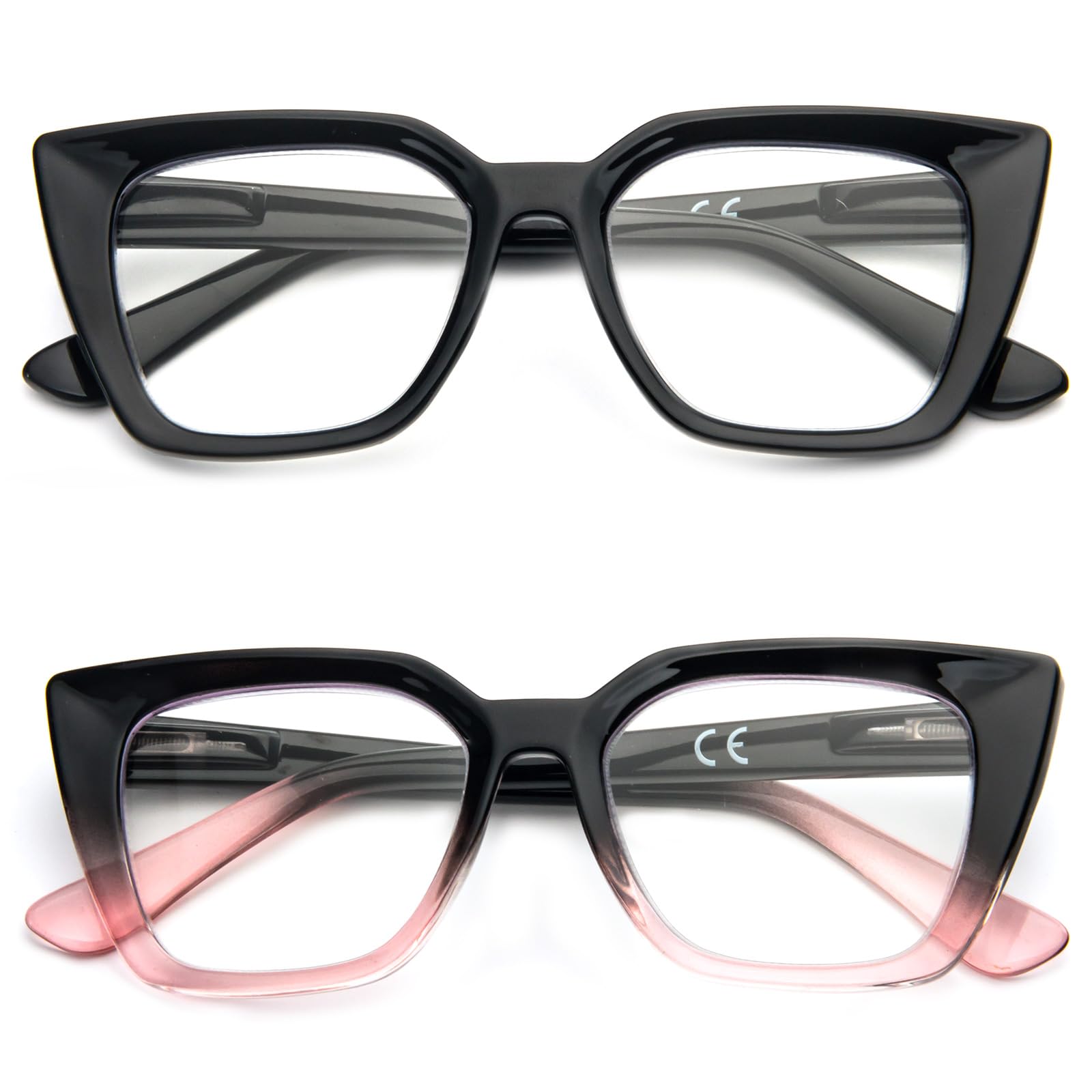 Kodilin 2 Pack Occhiali da lettura donna Oversized Square Anti Luce Blue Computer Lettori Uomo con cerniera a molla (+1.0, nero e nero rosa)