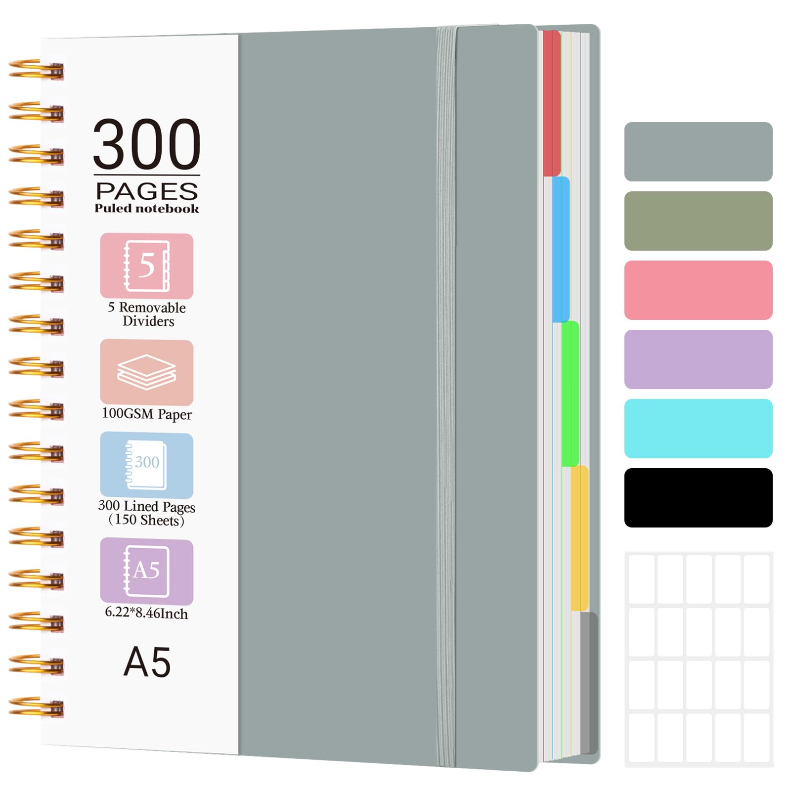 MOFELON A5 Notebook with Dividers, Notepad A5, 300 Pages Spiral Lined Notebooks,PU Leather HardCover Journals for Women,Note Book Pad for Office Work School, 21.5 x 15.8cm - GREY