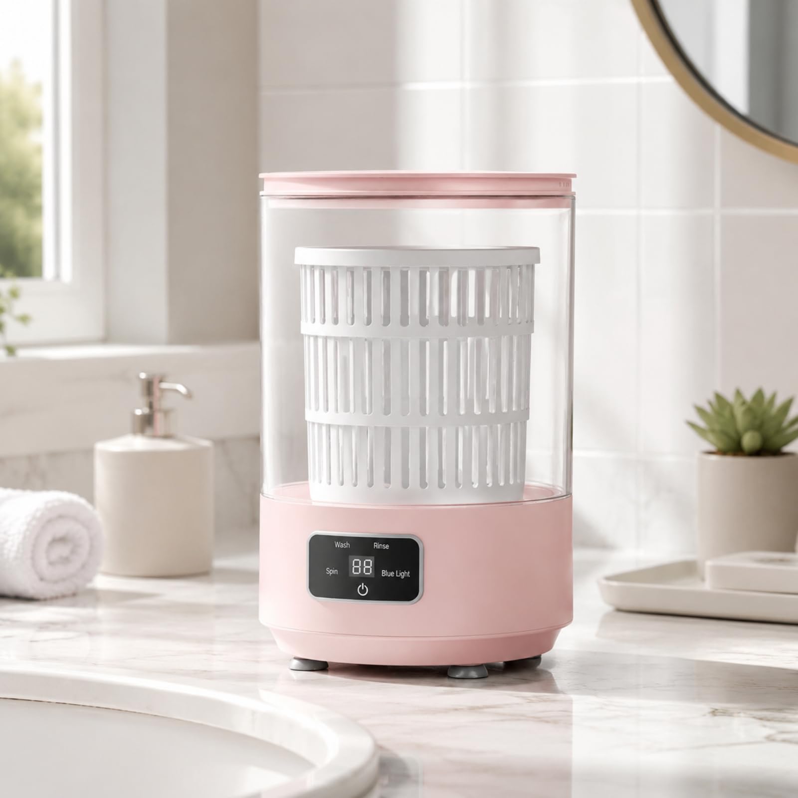 Mini Lavadora Compacta Semiautomática con Temporizador Digital y Drenaje Manual para Lavar Prendas Íntimas y Accesorios Tela en Dormitorios O Cocinas.,