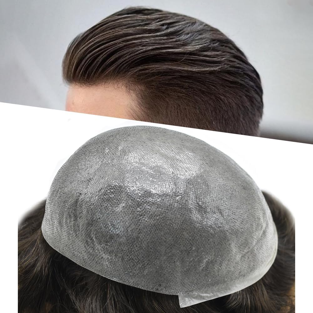 Super Thin Skin Mens Toupee 0.03mm Ultra Thin Skin Hair System For Men Human Hair Black Brown Blonde Gray V-looped Hairpiece Wig (8''x10'' 100% Light Density, 2# Darkest Brown)