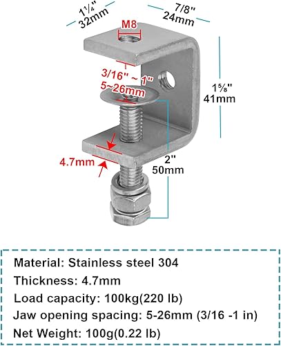 Miniatura 2 de Paquete de 10 abrazaderas C con mordaza abierta de 1 pulgada, abrazadera de acero inoxidable 304 para escritorio de carpintería, soldadura, pequeño