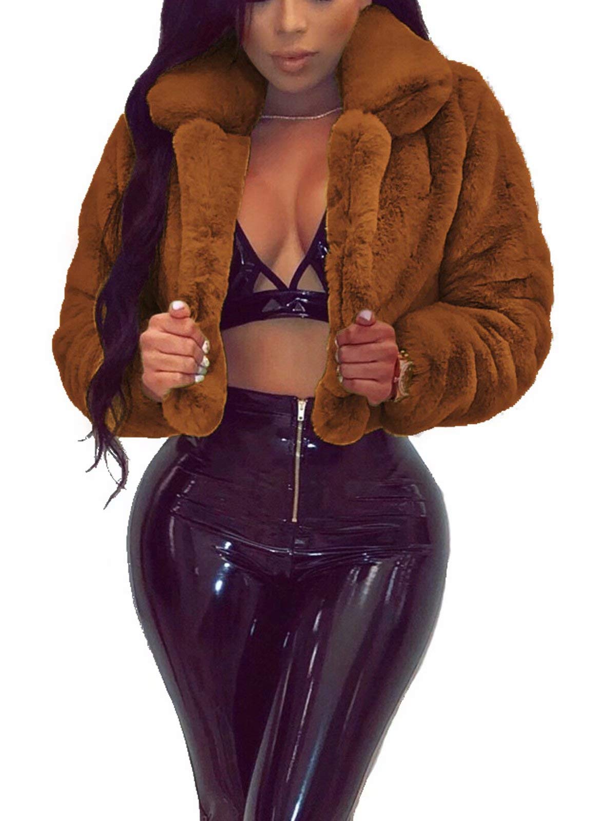 RAMOUG Women Faux Fur Jacket Lapel Crop Fuzzy Coat Outerwear