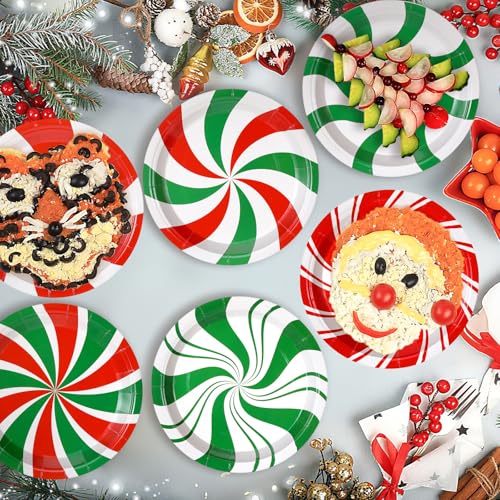 Image of Fourluoo 96 Pcs Christmas Paper Plates Disposable Red and Green Candy Christmas Dinner Plates for Xmas Birthday Party Decoration Supplies