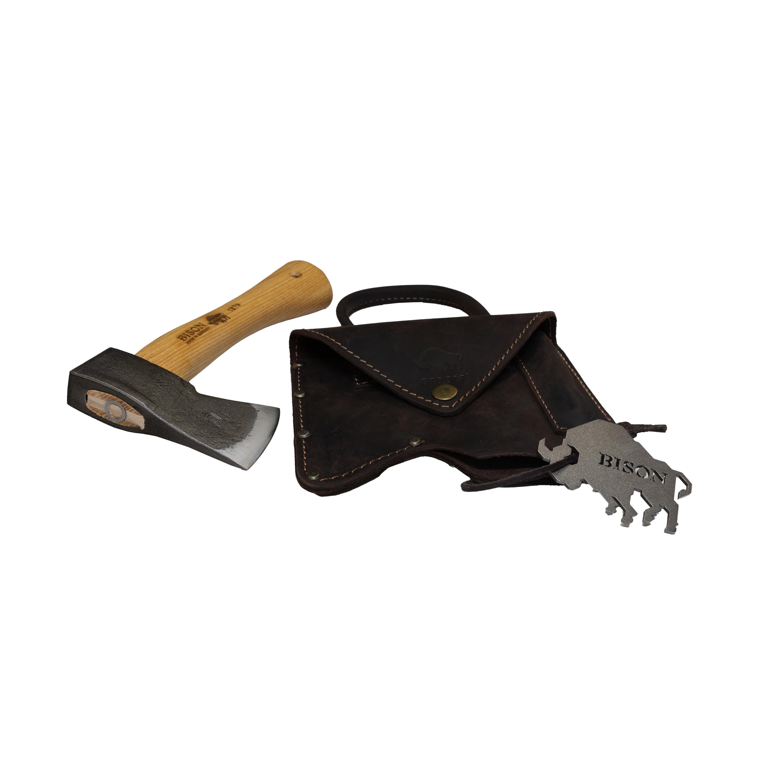 Bison Trekkingbeil Set 550g I Kleines Outdoor Beil mit kurzer Stiellänge 250mm I Beil mit 3-Fach Sicherheitsverkeilung mit Leder-Gürteltasche, Feuerstahl & Duo Schärfstein, Natur
