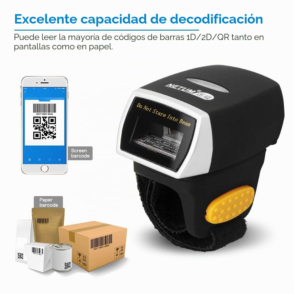 NETUM Bluetooth 2D QR Mini escáner de código de barras para anillo portátil inalámbrico | Escáner de mano inalámbrico lectura precisa y rápida para pantalla de ordenador de pago móvil Android/IOS/IPAD/MAC NT-R2