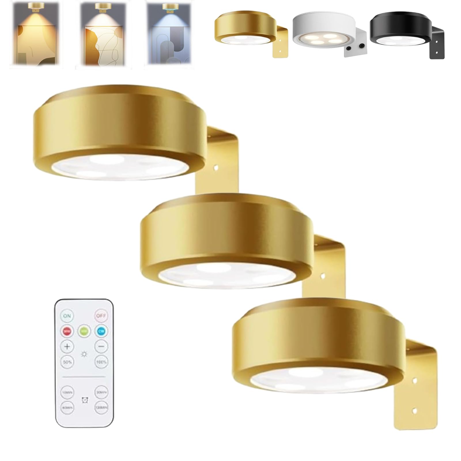 Picture Lights for Wall, Magnetic Painting Light, Luces inalámbricas para cuadros, sin taladro, para pósteres, con 3 temperaturas de color y control remoto (Dorado*3PC, 3Color)