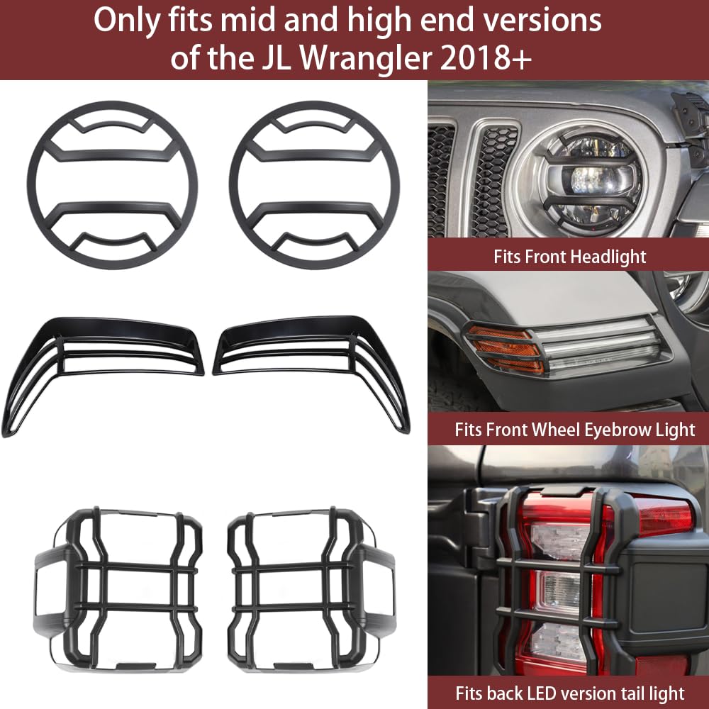 Car Front Headlight Guards + Front Wheel Eyebrow Fender Light Cover + LED Taillight Rear Lamp Guard for Jeep Wrangler JL 2018-2025 Exterior Accessories ?Fits mid to high end Versions of JL Wrangler