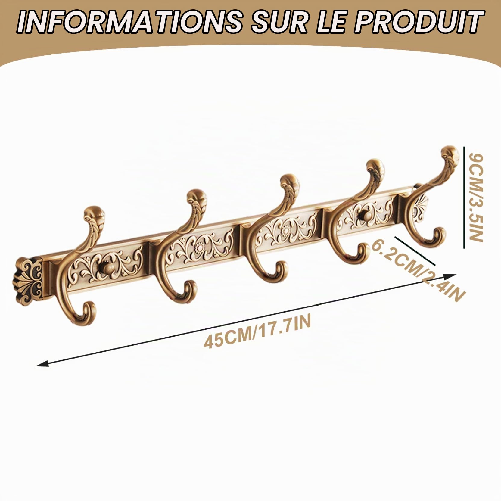 Porte-Manteau Mural Vintage avec 5 Crochets, patères murales en Aluminium pour Salle de Bain et Chambre à Coucher, 20.4x4.7x3.3 Pouces