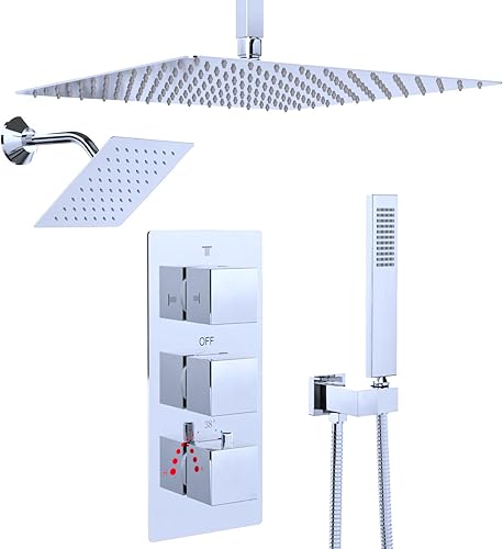 Miniatura 118 de Enga Sistema de ducha termostático doble, grifo de ducha de lluvia doble de montaje en pared de 12 pulgadas + 6 pulgadas, todas las funciones se Oro