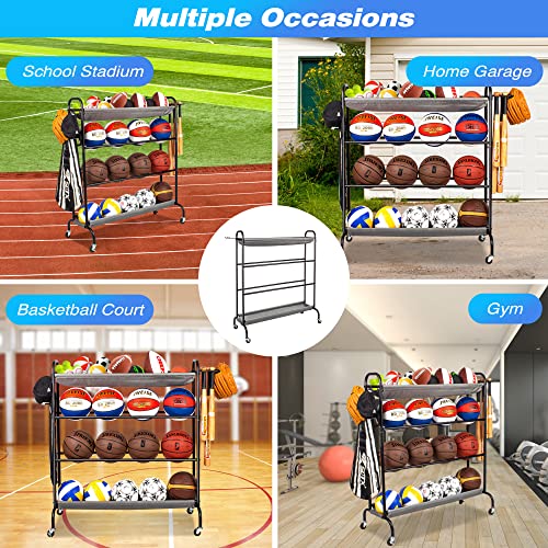 Sttoraboks Basketball Rack, Garage Ball Storage Stand 4-Layer Ball Rack Rolling Balls Organizer With Baseball Bat Holder & Hooks Sport Equipment Storage Cart With Wheels For Football Volleyball Soccer #TOP4