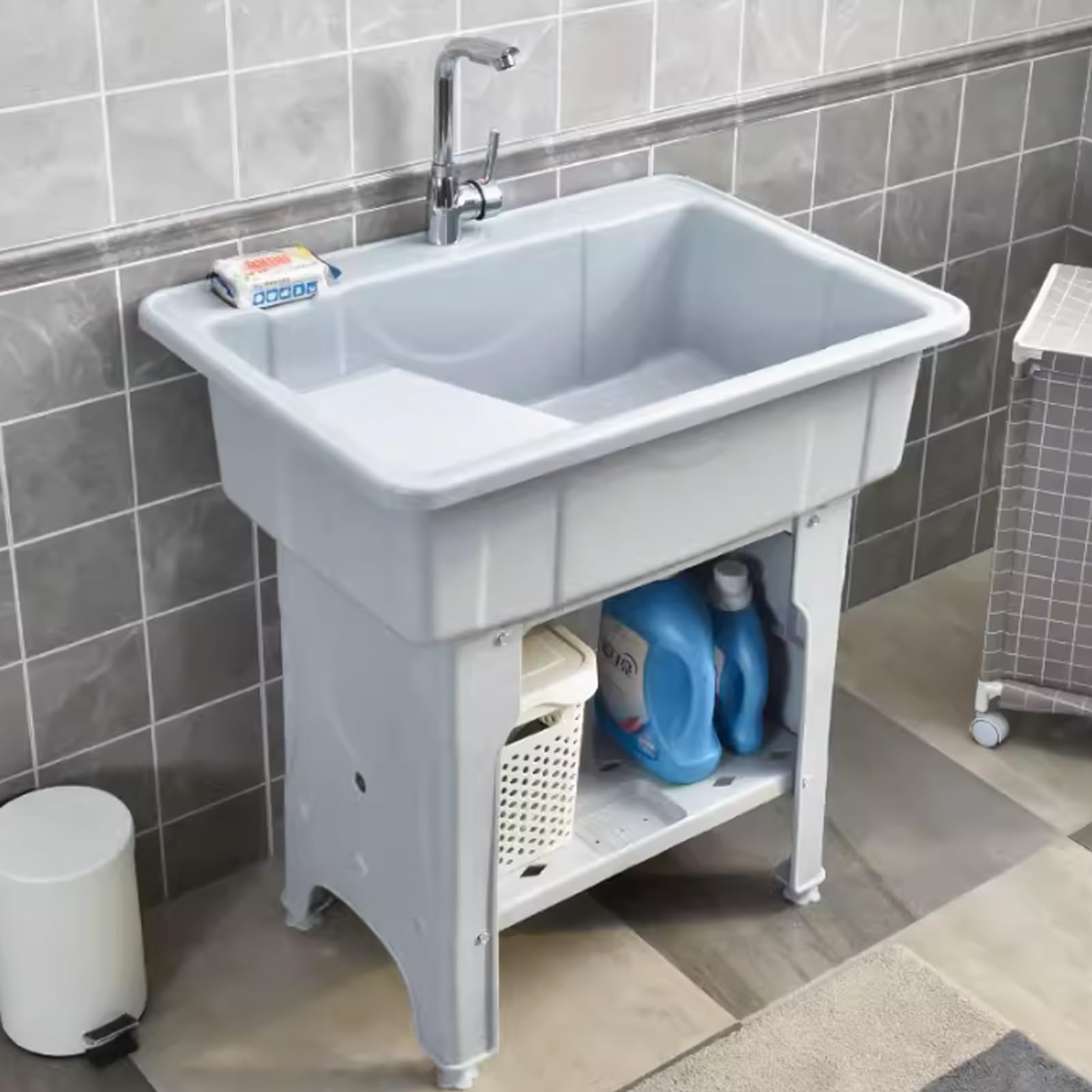 TAXXII Freestanding Plastic Laundry Tub Sink with Washboard, Outdoor Utility Basin Hose Hook-Up, Ideal for Room, Garage, Backyard, and Garden (Gray, 80x56x85cm)