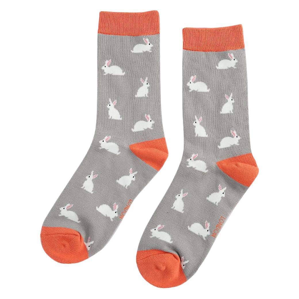 Rabbits on Grey Ladies Novelty Ankle Socks Adult One Size