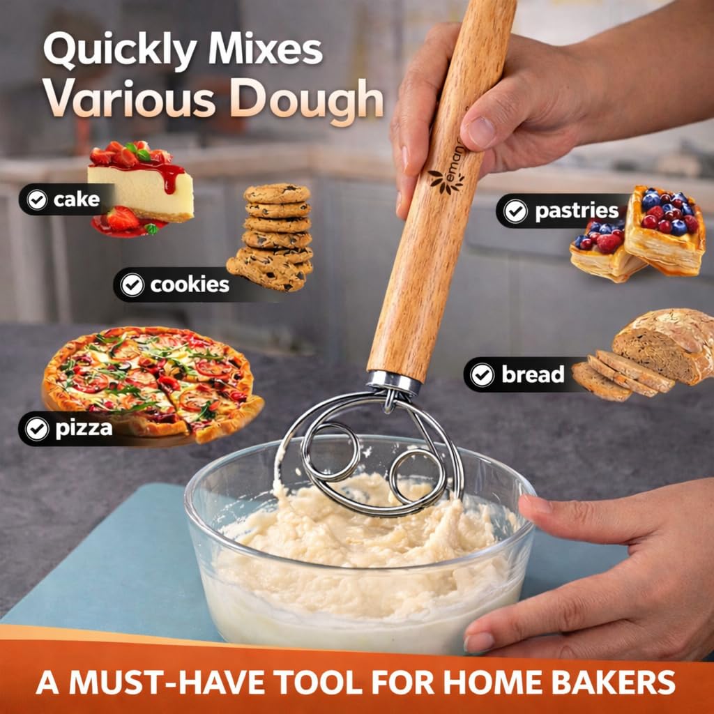 Batidor de masa danés para masa madre – Batidor holandés de acero inoxidable de 13 pulgadas para masa, herramienta de mezcla de pan para cocina y hornear