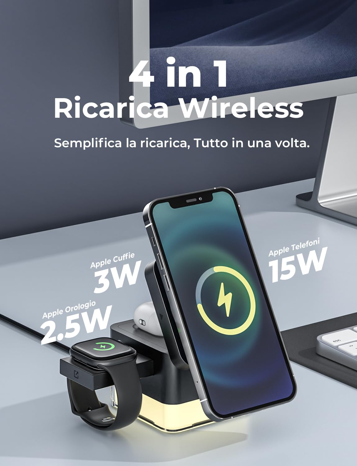 Caricatore Wireless 4 in 1, Qi Ricarica Rapida, Caricatore Compatibile Con Lampada da Comodino, per iPhone Serie 12/13/14/15/16, Airpods 2/3/Pro, iWatch