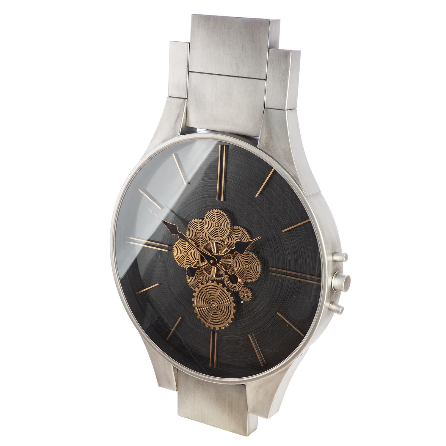 Horloge murale grand format GILDE en métal avec engrenages apparents effet miroir