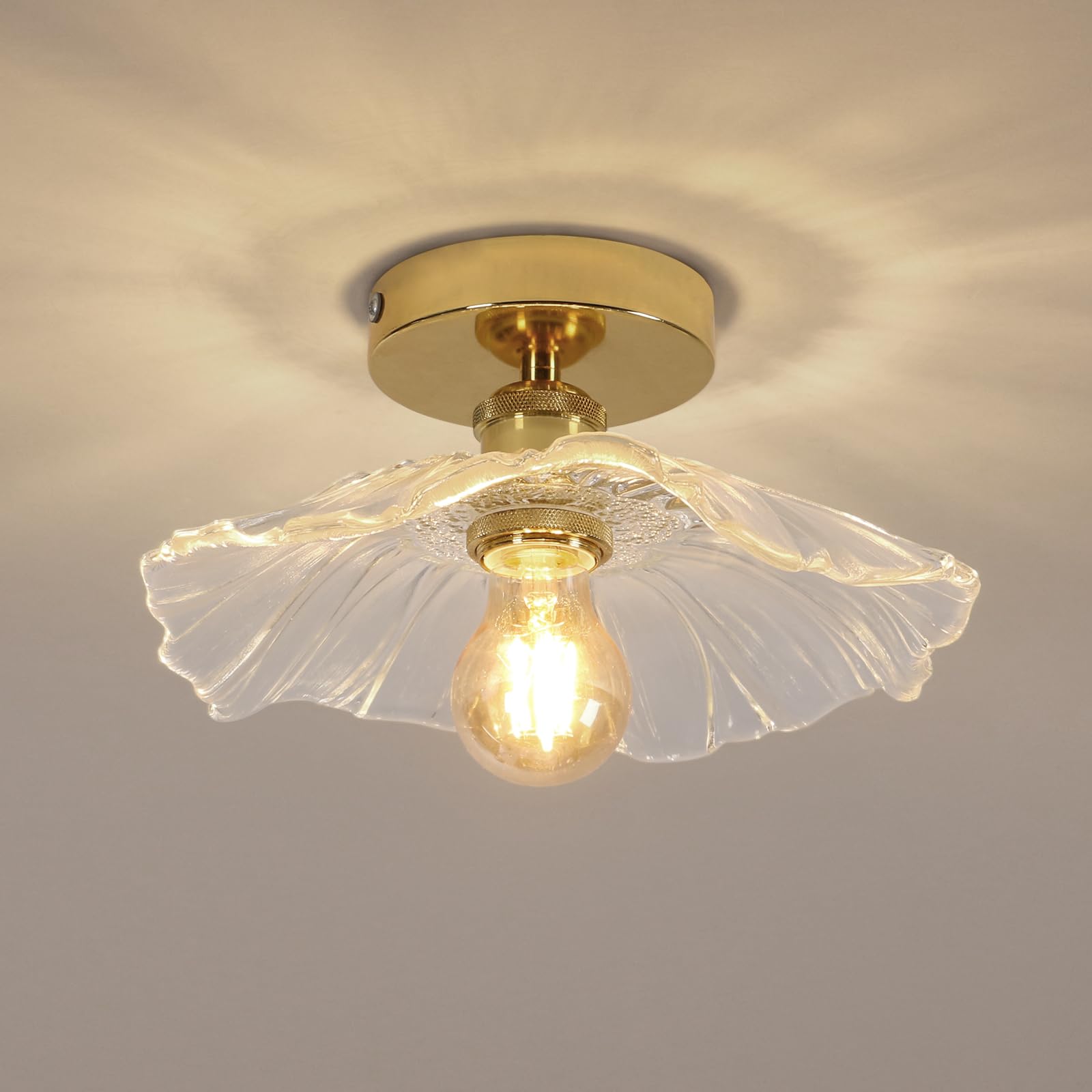 Comely Lámpara de Techo Dorada E27 – Diseño Flor Dorada de Cristal Transparente – Plafón de Techo para Pasillo, Dormitorio o Salón (Bombilla no incluida)