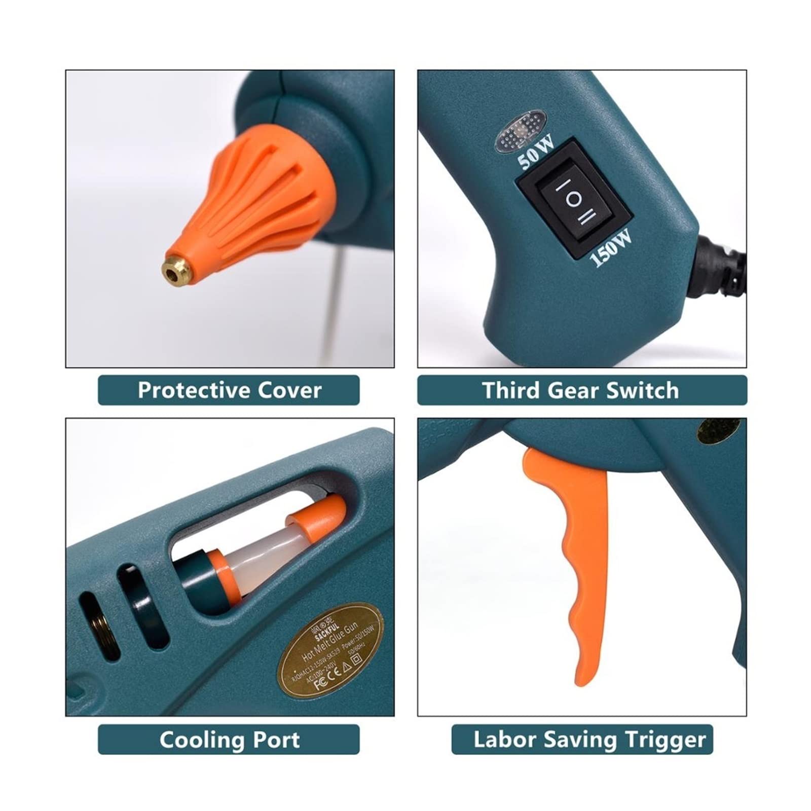 Pistolet Do Klejenia Na Gorąco 15 W 1 Zestaw Narzędzi Silikonu 50W/OFF/150W Przełącznik Naprawy Rzemiosła DIY Użyj 11mm Klej Sztyfcie Czysta Miedź Dysza Szybkie Niezawodne Klejenie(SET-7)