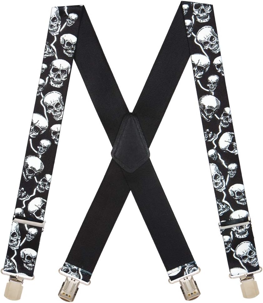 Suspender Store Novelty Skull Design Suspenders - 2-Inch Wide Elastic - X-Back - Pin Clip - 4 Sizes Including Big & Tall