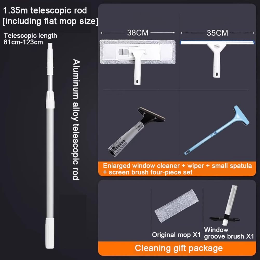 Indoor and Outdoor High Window Glass Wiper, Professional Household Window Cleaning Tool, with Aluminum Alloy Extension Pole and 35 Cm Scraper, Replaceable Cleaning Cloth,Pole Length 1.35m