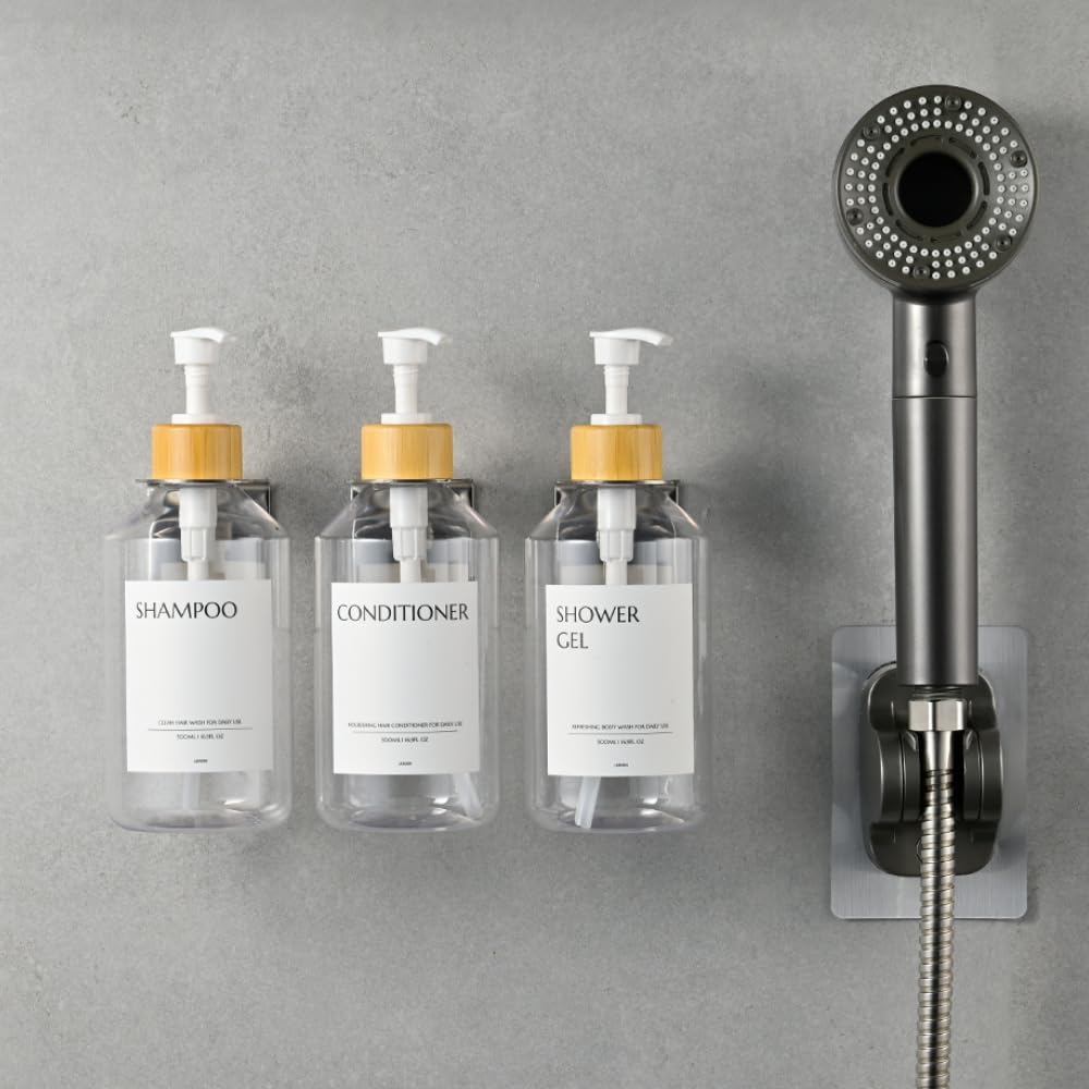 Zeepdispenser voor wandbevestiging, 2 stuks, 380 ml, douchegeldispenser zonder boren, met wandhouder, zelfklevend, voor thuis, hotel, badkamer, douche (grijs