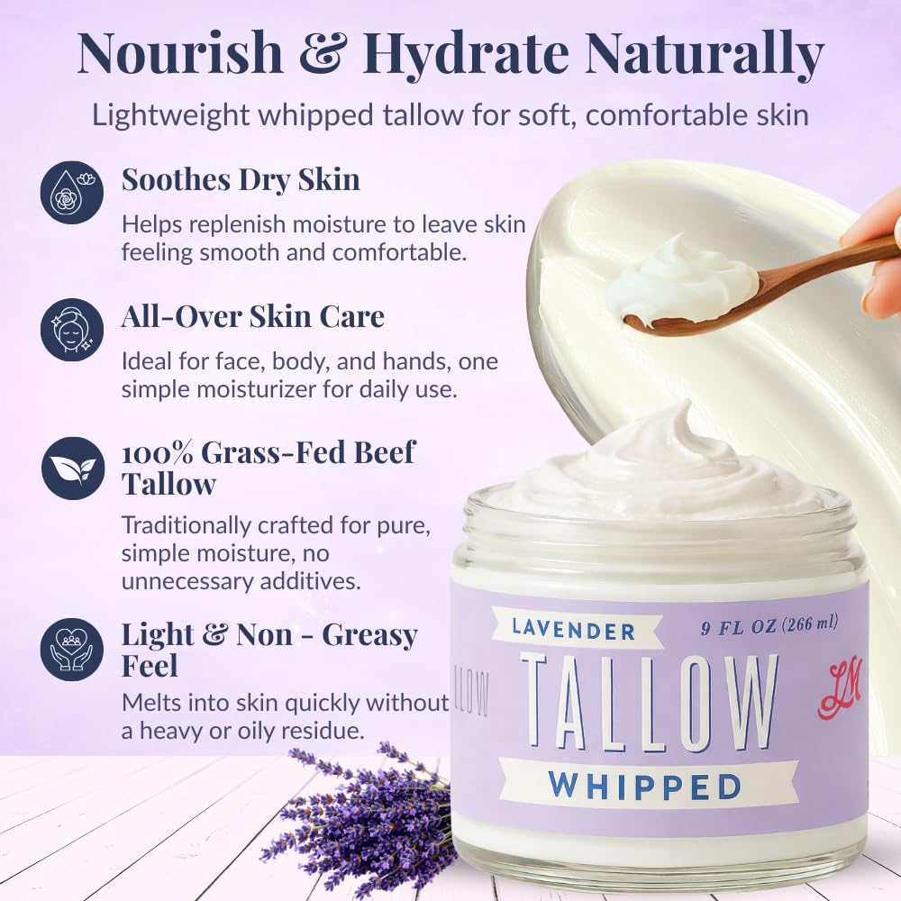 Whipped Tallow 9oz - All Natural Face Cream + Whole Body Moisturizer for Dry Skin - Made With Scented Oil Blend - No Preservatives, Parabens or Seed Oils - USA Made (Lavender) - Image 4