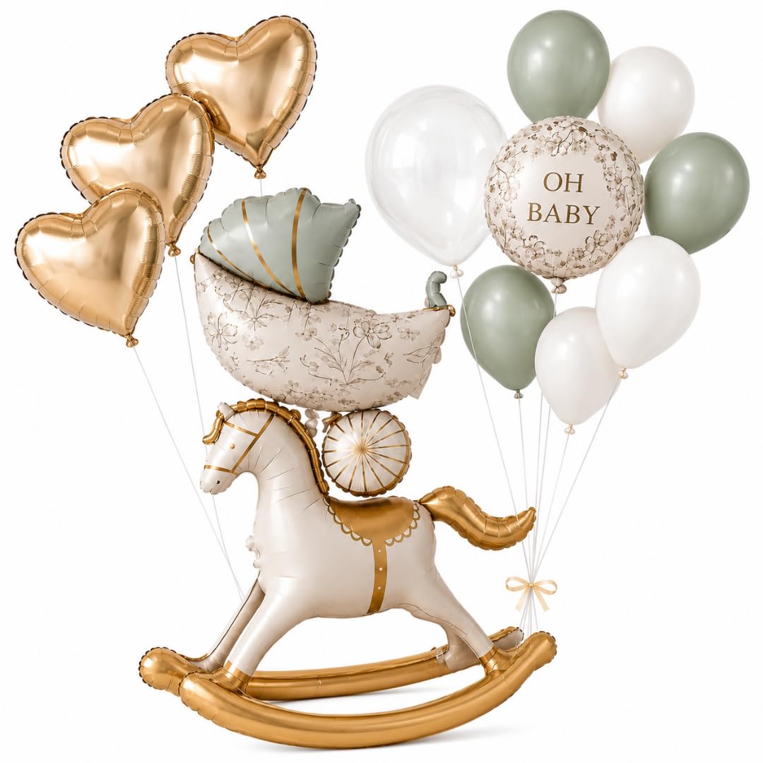 Wanna Party Oh Baby Balloon Decoration Set, 13 Pcs Baby Shower Balloons with Baby Boy Pram, Rocking Horse, Oh Baby Foil, Champagne Heart, Green & White Latex Balloons-image-23
